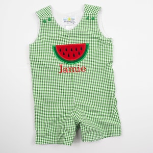 Baby Boy Summer Romper Boys Watermelon Birthday Outfit Green Gingham Shortall Baby Boy Applique Outfit Toddler Boy Family Photos image 3