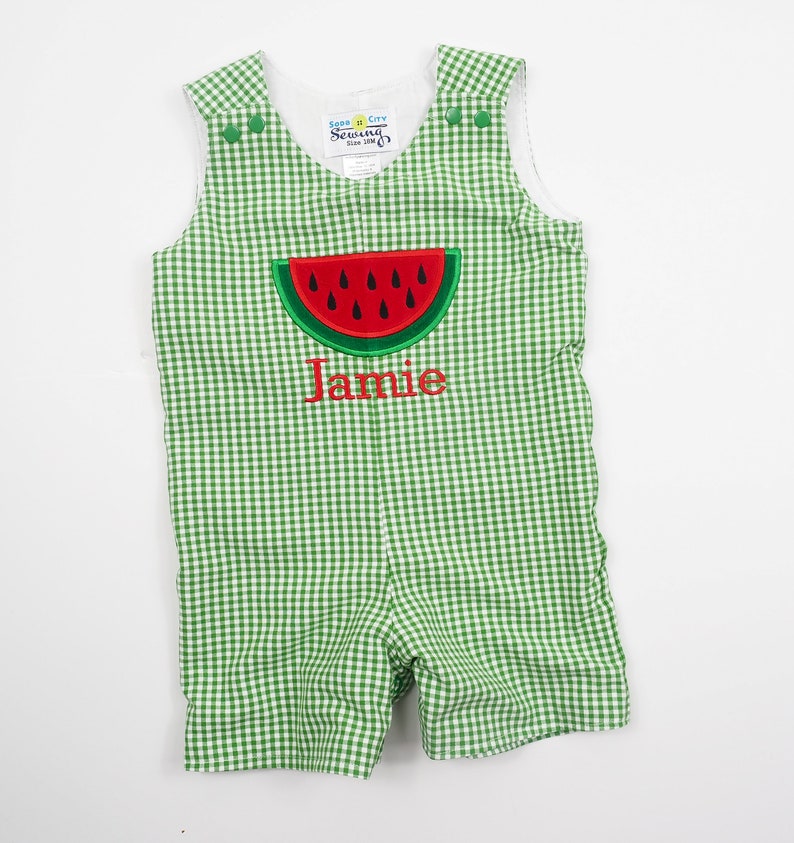 Baby Boy Summer Romper Boys Watermelon Birthday Outfit Green Gingham Shortall Baby Boy Applique Outfit Toddler Boy Family Photos image 3