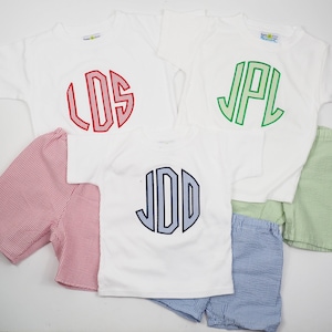 Seersucker Initial Outfits - Personalized, preppy monogram shirts for kids with matching seersucker shorts