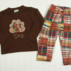 Thanksgiving-outfit babyjongens - Turkije applique shirt - jongens Turkije outfit - Turkije shirt broek set - bijpassende broek set - Madras broek set afbeelding 3