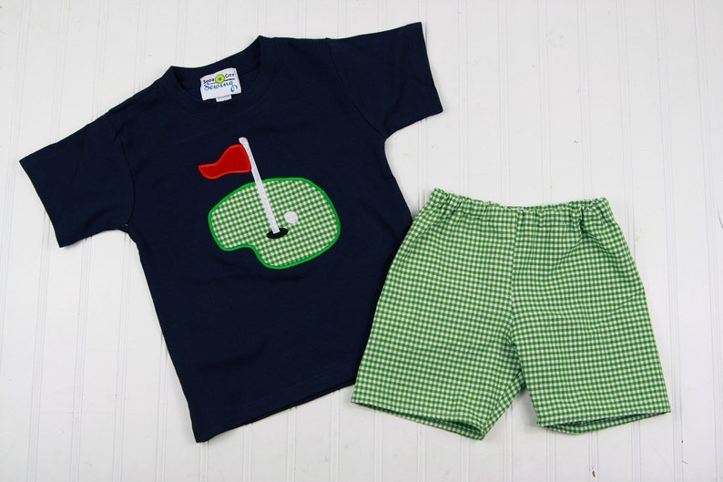 Toddler Boys Clothes Toddler Golf Outfit Boys Golf Outfit Kids Appliqued T-Shirt Green Gingham Shorts Boy Toddler Summer Clothes image 3