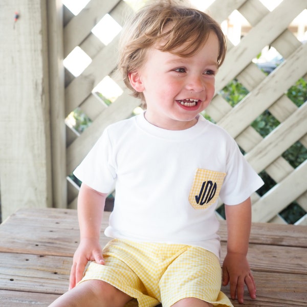 Personalized Initial Pocket Tee Shirt - Monogrammed Preppy Toddler Boy Clothes - Red Gingham Shorts Top Outfit Set - Baby Boy Shower Gift