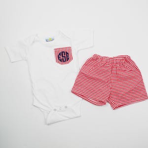 Baby Boy Monogrammed Pocket Tee Bodysuit with Matching Gingham Shorts - Perfect Personalized Baby Shower Gift