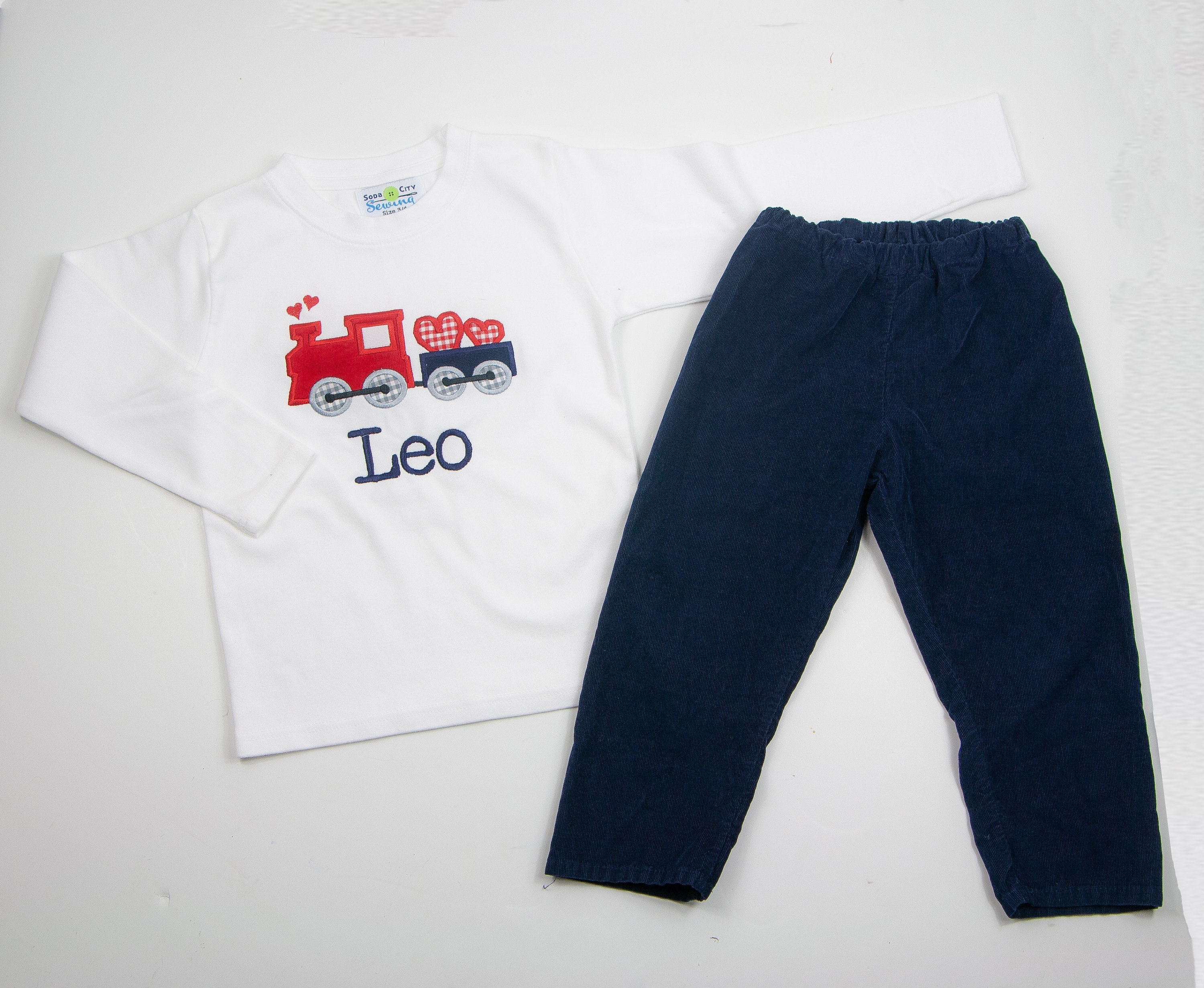 Valentine&#39;s Day Train Shirt - Toddler Boy Valentines Outfit - Personalized Train Hearts Applique Tee - Navy Corduroy Pants - Monogrammed