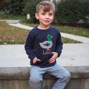 Fall Boys Appliqued Clothes - Navy Blue Mallard Shirt - Personalized Monogrammed Toddler Boy T-Shirt - Navy Gingham Pants Set - Little Boy