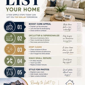 May include: A real estate marketing flyer titled Before You List Your Home, featuring a living room photo, five numbered steps for home preparation, contact information, and a house graphic. The text includes tips on curb appeal, cleaning, and repairs.
