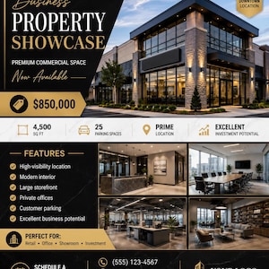 May include: A real estate flyer titled Business Property Showcase featuring a modern commercial building with a stone facade and glass storefront. The flyer includes interior photos of an office, conference room, and lobby, with text details.
