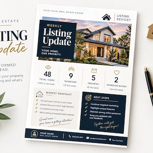 May include: A real estate listing report flyer featuring a photo of a house at dusk, with text including Weekly Listing Update, Market Snapshot, and Next Steps. The document displays performance metrics like views, showings, and inquiries, alongside a house-shaped keychain and a black pen.