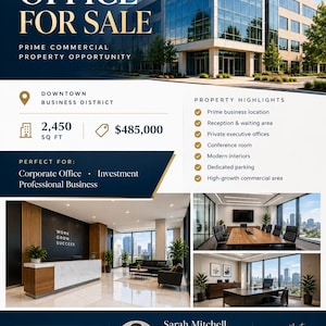 May include: A commercial real estate flyer for Mitchell Realty featuring a multi-storey glass office building, interior shots of a reception area with a marble desk, a conference room, and an executive office. Includes text: OFFICE FOR SALE, 2,450 SQ FT, $485,000.