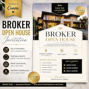 Könnte beinhalten: Eine digitale Einladungsvorlage für einen Makler-Tag der offenen Tür mit einem Bild eines modernen Luxushauses, goldenen und schwarzen Akzenten sowie Texten wie "YOU'RE INVITED," "BROKER OPEN HOUSE" und Platzhaltern für Objektdetails und Kontakt.