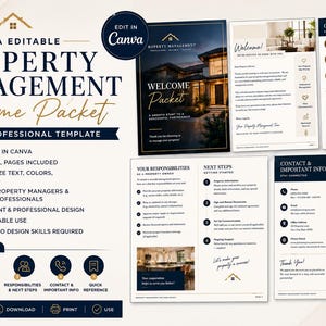 May include: A five-page property management welcome packet template designed for Canva. The document features a dark blue and white colour scheme with gold accents, including a cover page, welcome letter, services list, owner responsibilities, and contact information.