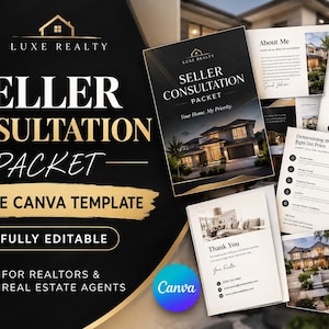 Peut inclure: Un modèle Canva de 10 pages pour agents immobiliers intitulé Luxe Realty Seller Consultation Packet. Le document présente une image de marque noire et dorée, du texte sur le processus de vente et des photos de propriétés sur des pages blanches.