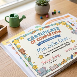 May include: A Certificate of Completion for Mia Sofia Chen, dated October 26, 2023, for finishing the Super Learners Activity Book. The certificate features a colorful border with cartoon animals, stars, and school supplies, signed by Teacher Sunny.
