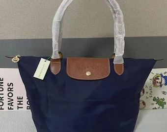 Longchamp Navy Nylon Large Tote Bag, Leather Trim Foldable Shoulder Bag,