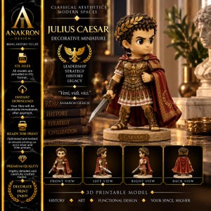 May include: A decorative miniature figurine of Julius Caesar wearing a gold laurel wreath, brown and gold Roman armor, and a red cape. The figure holds a sword and stands on a circular base labeled Caesar. Four smaller views show front, left, right, and back angles.