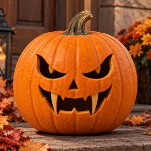May include: A large orange pumpkin carved into a jack-o'-lantern with a menacing expression, featuring sharp, angular eyes, a triangular nose, and a wide, toothy grin with two prominent, pointed fangs extending downward from the upper jaw.