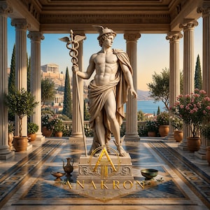 May include: A beige stone statue of the god Hermes standing on a pedestal, holding a caduceus staff, wearing a winged helmet and sandals, draped in a cloth. The base features a gold logo with the text ANAKRON DESIGN and ancient pottery.