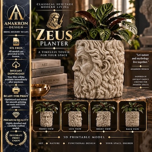 Puede incluir: Una maceta imprimible en 3D de color piedra con el rostro esculpido de Zeus, incluyendo cabello y barba detallados. El recipiente cilíndrico contiene una planta verde. El diseño muestra cuatro vistas: frontal, izquierda, derecha y trasera.