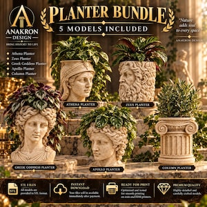 Könnte beinhalten: Ein digitales Paket mit fünf 3D-druckbaren Pflanzgefäßmodellen namens Planter Bundle von Anakron Design. Enthält Athena, Zeus, Greek Goddess, Apollo und Column Pflanzgefäße. Das Bild zeigt diese fünf Modelle mit Steintextur.