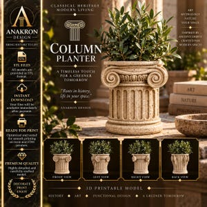 Könnte beinhalten: Ein beiger, gesprenkelter, 3D-druckbarer Säulen-Pflanzkübel mit ionischem Kapitell mit Voluten und kanneliertem Schaft. Das Design enthält Text wie 'ANAKRON DESIGN', 'COLUMN PLANTER' und '3D PRINTABLE MODEL' und zeigt Vorder-, Links-, Rechts- und Rückansichten.