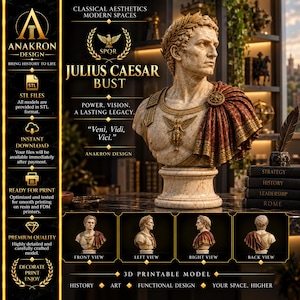 May include: A 3D printable bust of Julius Caesar featuring a marble-textured finish, a golden laurel wreath, and a draped red and gold cloak. The model includes a chest plate with a winged figure and the Latin inscription Veni, Vidi, Vici.