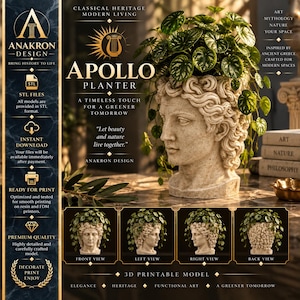 Apollo Planter | STL | Greek God Head Pot 3D Model Printable Digital Download