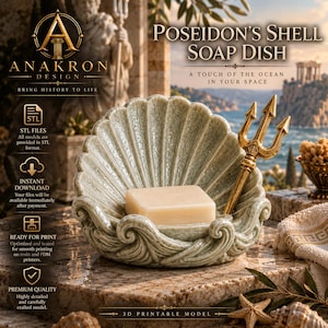 May include: A light green, shell-shaped soap dish featuring a gold-colored trident resting inside. The dish has a textured, scalloped surface and holds a rectangular bar of soap. Text on the image reads Poseidon's Shell Soap Dish.