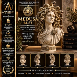 Può includere: Un modello digitale stampabile in 3D di un busto di Medusa con finitura effetto pietra, capelli a forma di serpente dettagliati e un indumento drappeggiato. Il design include una spilla circolare e una base decorata con un motivo greco.