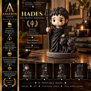 Puede incluir: Una miniatura 3D imprimible de Hades que muestra una figura de cabello oscuro con túnica negra sosteniendo un tridente, acompañada por dos pequeños perros negros. El modelo se muestra desde cuatro ángulos sobre una base circular texturizada.