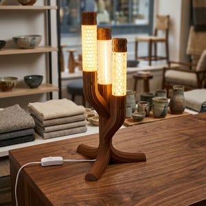 Peut inclure: Une lampe de table en forme de cactus marron avec trois colonnes lumineuses cylindriques verticales. Chaque colonne présente une surface texturée en nid d'abeille qui diffuse une lumière chaude. La lampe possède une base robuste.