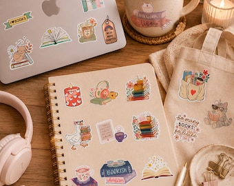 Paquete de imágenes prediseñadas para amantes de los libros: 24 diseños PNG, pegatinas acogedoras para leer, descarga digital imprimible.