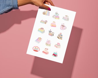 Pegatinas de libros y café acogedores, hoja de pegatinas imprimible, descarga digital