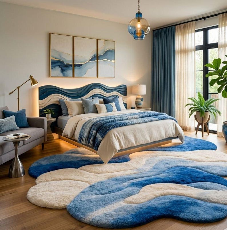 May include: A bedroom featuring a wave-patterned headboard in blue and cream, a bed with blue and white bedding, and a large, irregularly shaped area rug with a blue and cream wave design. A gray sofa, a floor lamp, and a blue glass pendant light.