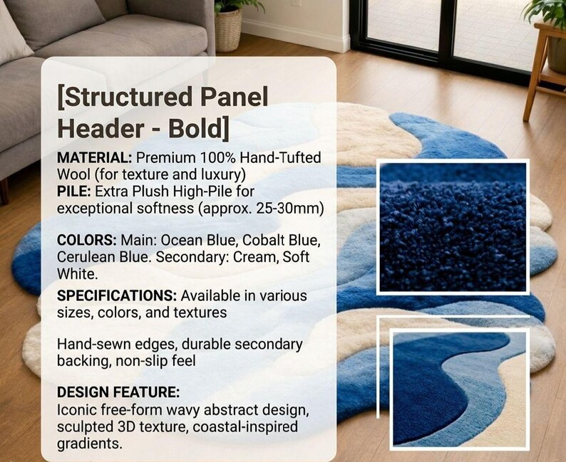 May include: A hand-tufted wool rug featuring a free-form wavy abstract design in shades of ocean blue, cobalt blue, cerulean blue, cream, and soft white. The rug has a high-pile texture, sculpted 3D details, and hand-sewn edges with a non-slip backing.