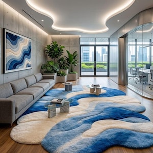 May include: A large, irregular, wavy-shaped area rug featuring a gradient of blue, light blue, and cream colors. The rug is placed on a wooden floor in a modern office space with a gray sofa, glass coffee tables, and potted green plants.