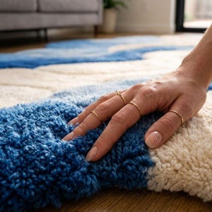 May include: A plush area rug featuring a thick, tufted texture with a wavy, abstract pattern in deep blue and off-white. The rug has a high-pile construction with visible loops and soft fibers, creating a dense, tactile surface across the floor.