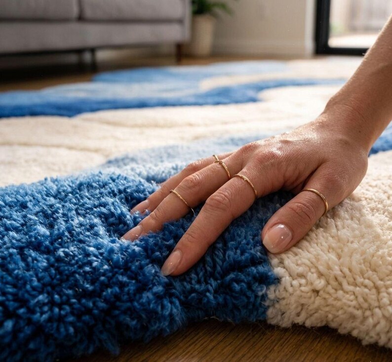 May include: A plush area rug featuring a thick, tufted texture with a wavy, abstract pattern in deep blue and off-white. The rug has a high-pile construction with visible loops and soft fibers, creating a dense, tactile surface across the floor.