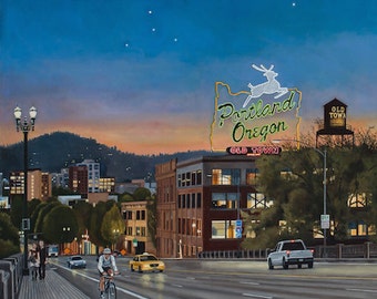 Night Falling Over Portland, Limited Edition Print, stars, Old Town, Burnside Bridge, Oregon