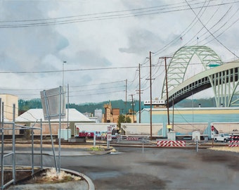 Fremont Bridge Limited Edition Print, Urban landscape, Oil painting, Portland Oregon