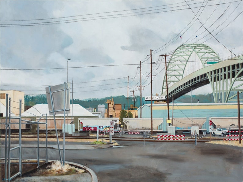 Fremont Bridge Limited Edition Print, Urban landscape, Oil painting, Portland Oregon image 1
