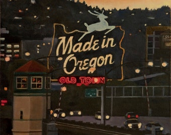 Made in Oregon Limited Edition Print, Portland, Burnside Bridge, night time, lights, Old Town