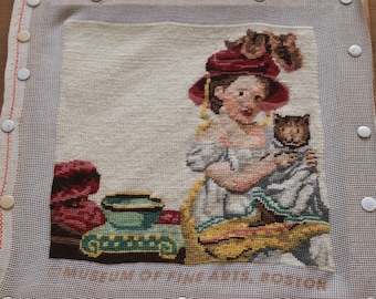 Vintage Petit Point Needlepoint Woman with Cat