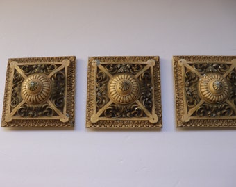 3 Vintage Antique Square Victorian Ornate Architectural Pieces-Light Covers-Hollywood Regency/Wall Hangings