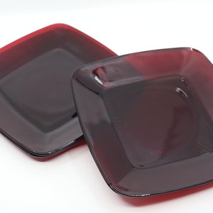 4 Vintage Ruby Red Square Salad Plates - Made in USA -  8.25&quot;/Anchor Hocking