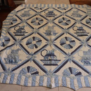 Vintage Blue and White Handmade Cutter Quilt  - 84" x 80" - Crafts Repurpose