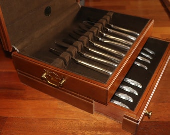 Vintage Wooden Flatware Storage Box with Drawer/Tarnish-Proof Silverware Chest/8 Service Silver Plate Flatware Included