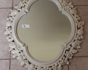 Vintage Large Syroco Oval White Mirror/Floral Hanging Mirror/Retro Wall Mirror with Flowers, Fruits, and Vegetables