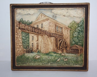 Vintage Painted Plaster Plaque Wall Hanging Picture Grist Mill Spring Mill Park Indiana/Hand Painted Plaster Wall Hanging/Vintage Plaster