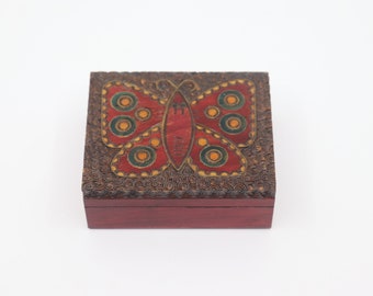 Small Vintage Carved Wooden Butterfly Jewelry/Trinket Box/Poland Solid Wood Carved Box with Metal Inlay/Wooden Treasure Box