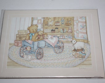 Vintage Signed Debi Hron Watercolor Print "Teddies in the Wagon"/Children's Art Print/8" x 10"/Whimsical Watercolor Print/Vintage Toys Print